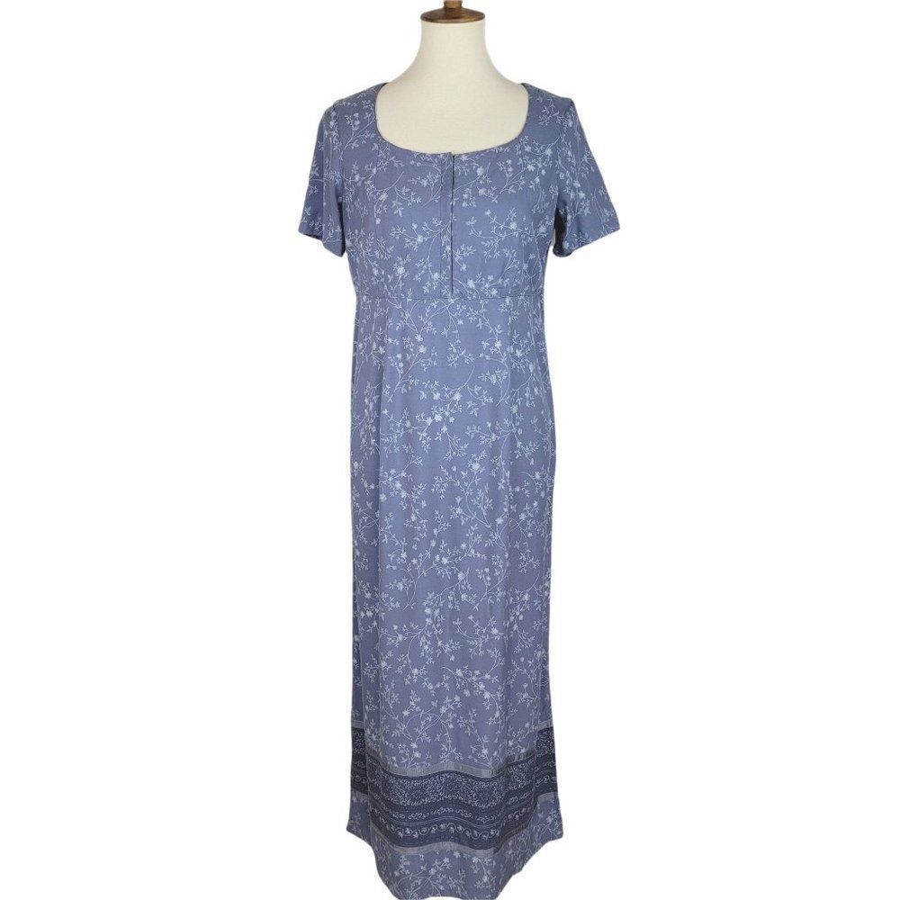 Vintage Eddie Bauer Blue White Floral Slit Short Sleeves Scoop Neck Maxi Dress 8